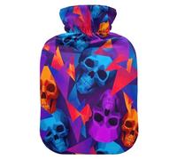 Neon Skull Colorful Hot Water Bottles with Soft Cover Bed Hand Feet Warmer Winter Gift Hot Water Bag for Neck and Shoulder Pain Relief Medium