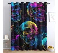 Neon Skull Curtain Blackout, Colorful Lightning Curtains 42x54, Living Room & Bedroom Decor Drapes, Thermal Insulated Eyelet Multicolored Gothic Window Treatments 54 Drop, 2 Panels