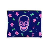 Neon Skull Makeup Bag, Fun Gingerbread Pattern Cosmetic Travel Pouch for Women, Portable Small Canvas Zipper Organizer, Halloween Festival Toiletry Bag, Navy, 7x9 Inch, Skull