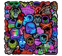 Neon Skull Stickers 50 Pcs Vinyl Horror Sugar Skull Waterproof Sticker for Water Bottle Computer Laptop Skateboard Car Bike Guitar,Funny Cool Halloween Mexican Day of Dead Decals for Teens Adults