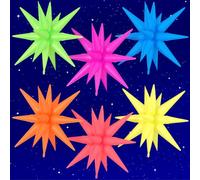 Neon Star Foil Balloons, Glow in The Dark Party Supplies, 6 Pcs 22 Inch | Fluorescent Macaron Orange Yellow Fuchsia Red Blue Green Large Mylar Spike Balloons for Birthday Disco Neon Glow Party Favors