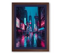 Neon Street Reflections Modern Framed Wall Art Print A1 (84.1×59.4cm) Walnut, Wall Decor for Living Room, Bedroom, Office & Home, Ready to Hang, Art Gift