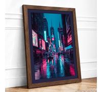 Neon Street Reflections Modern Framed Wall Art Print A2 (59.4×42cm) Walnut, Wall Decor for Living Room, Bedroom, Office & Home, Ready to Hang, Art Gift