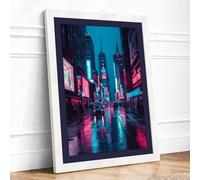 Neon Street Reflections Modern Framed Wall Art Print A2 (59.4×42cm) White, Wall Decor for Living Room, Bedroom, Office & Home, Ready to Hang, Art Gift
