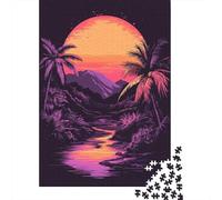 Neon Sunset Palm Trees-1 1000-Piece Puzzle for Adults, 52x38cm/1000pcs; Low-dust White Pieces for Sorting; An Evening Activity Away from Screens