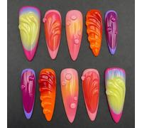 Neon Sunset Pink Press On Nails - Almond Shaped Iridescent Glossy Finish with 3D Swirl & Bubble Details for Women, 24 Vibrant Gradient Colour-Block Editorial Design for Parties & Special Occasions