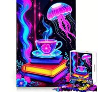 Neon Tea Cup Jellyfish 1000 Pieces Jigsaw Puzzles for Adults Brain Workout Toy Stress Free Art Assembly Festival Gift (38x26cm)