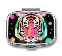 Neon Tiger Art Wild Animal Wildlife Pill Box - 2 Compartment Travel Pill Organizer with Small Mirror, Portable Pillcase for Pocket & Purse, Cute Square Medicine Case, Weekly Medicine Container