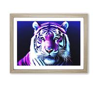 Neon Tiger Framed Print | A2 Oak Framed Wall Art | Ready to Hang | Modern Animal Picture | Living Room Bedroom Lounge Office