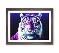 Neon Tiger Framed Print | A4 Walnut Framed Wall Art | Ready to Hang | Modern Animal Picture | Living Room Bedroom Lounge Office