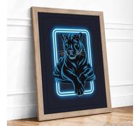 Neon Tiger Modern Framed Wall Art Print A2 (59.4×42cm) Oak, Wall Decor for Living Room, Bedroom, Office & Home, Ready to Hang, Art Gift