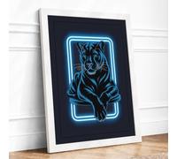 Neon Tiger Modern Framed Wall Art Print A2 (59.4×42cm) White, Wall Decor for Living Room, Bedroom, Office & Home, Ready to Hang, Art Gift