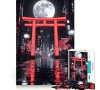 Neon Torii Gate Night Full Moon Jigsaw Puzzles for Teenagers 1000 Pieces Brain Workout Toy Home Activity Art Assembly (38x26cm)