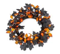Neon Tulip Halloween Wreath | Pumpkin Front Door Porch Décor | Black and Orange Spooky Décor
