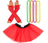 Neon Tutu, Fishnet Gloves & 4 Packs Beads Set | Neon, Vibrant Fancy Dress Accessories | 1980's Theme | Hen Parties, Fun Runs & Charity Events | Women's, Adult Costume (8-12 UK, Red)