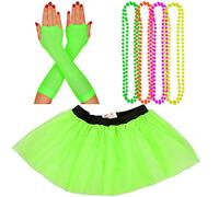 Neon Tutu, Fishnet Gloves & 4 Packs Beads Set | Neon, Vibrant Fancy Dress Accessories | 1980's Theme | Hen Parties, Fun Runs & Charity Events | Women's, Adult Costume (8-12 UK, Green)
