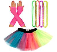 Neon Tutu, Fishnet Gloves & 4 Packs Beads Set | Neon, Vibrant Fancy Dress Accessories | 1980's Theme | Hen Parties, Fun Runs & Charity Events | Women's, Adult Costume (14-22 UK, Rainbow)