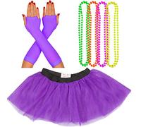 Neon Tutu, Fishnet Gloves & 4 Packs Beads Set | Neon, Vibrant Fancy Dress Accessories | 1980's Theme | Hen Parties, Fun Runs & Charity Events | Women's, Adult Costume (8-12 UK, Purple)