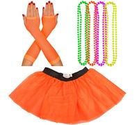 Neon Tutu, Fishnet Gloves & 4 Packs Beads Set | Neon, Vibrant Fancy Dress Accessories | 1980's Theme | Hen Parties, Fun Runs & Charity Events | Women's, Adult Costume (8-12 UK, Orange)
