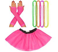 Neon Tutu, Fishnet Gloves & 4 Packs Beads Set | Neon, Vibrant Fancy Dress Accessories | 1980's Theme | Hen Parties, Fun Runs & Charity Events | Women's, Adult Costume (8-12 UK, Pink)
