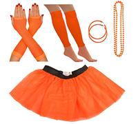 Neon Tutu, Fishnet Gloves, Leg Warmers, Beads & Earrings | Ladies Fancy Dress Costume Set | 80's Themed Fancy Dress | Also Ideal For Hen Parties, Fun Runs Or Charity Events (8-12 UK, Orange)