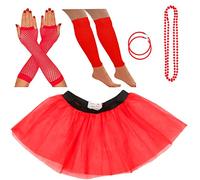 Neon Tutu, Fishnet Gloves, Leg Warmers, Beads & Earrings | Ladies Fancy Dress Costume Set | 80's Themed Fancy Dress | Also Ideal For Hen Parties, Fun Runs Or Charity Events (8-12 UK, Red)