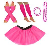 Neon Tutu, Fishnet Gloves, Leg Warmers, Beads & Earrings | Ladies Fancy Dress Costume Set | 80's Themed Fancy Dress | Also Ideal For Hen Parties, Fun Runs Or Charity Events (14-22 UK, Pink)