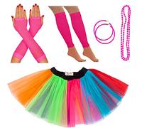 Neon Tutu, Fishnet Gloves, Leg Warmers, Beads & Earrings | Ladies Fancy Dress Costume Set | 80's Themed Fancy Dress | Also Ideal For Hen Parties, Fun Runs Or Charity Events (8-12 UK, Rainbow)