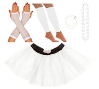 Neon Tutu, Fishnet Gloves, Leg Warmers, Beads & Earrings | Ladies Fancy Dress Costume Set | 80's Themed Fancy Dress | Also Ideal For Hen Parties, Fun Runs Or Charity Events (8-12 UK, White)