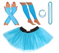 Neon Tutu, Fishnet Gloves, Leg Warmers, Beads & Earrings | Ladies Fancy Dress Costume Set | 80's Themed Fancy Dress | Also Ideal For Hen Parties, Fun Runs Or Charity Events (8-12 UK, Turquoise)