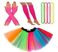 Neon Tutu, Fishnet Gloves, Legwarmers, 4 Pack Necklace Beads | 1980's Adult Fancy Dress Fluorescent Accessories Set | Multi Coloured, Womens, Hen Party Costume (14-22 UK, Rainbow)