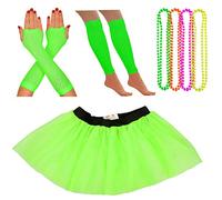 Neon Tutu, Fishnet Gloves, Legwarmers, 4 Pack Necklace Beads | 1980's Adult Fancy Dress Fluorescent Accessories Set | Multi Coloured, Womens, Hen Party Costume (8-12 UK, Green)