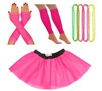 Neon Tutu, Fishnet Gloves, Legwarmers, 4 Pack Necklace Beads | 1980's Adult Fancy Dress Fluorescent Accessories Set | Multi Coloured, Womens, Hen Party Costume (8-12 UK, Pink)