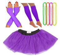 Neon Tutu, Fishnet Gloves, Legwarmers, 4 Pack Necklace Beads | 1980's Adult Fancy Dress Fluorescent Accessories Set | Multi Coloured, Womens, Hen Party Costume (8-12 UK, Purple)