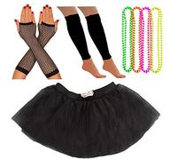 Neon Tutu, Fishnet Gloves, Legwarmers, 4 Pack Necklace Beads | 1980's Adult Fancy Dress Fluorescent Accessories Set | Multi Coloured, Womens, Hen Party Costume (14-22 UK, Black)