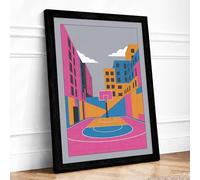 Neon Urban Plaza Modern Framed Wall Art Print A1 (84.1×59.4cm) Black, Wall Decor for Living Room, Bedroom, Office & Home, Ready to Hang, Art Gift