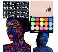 Neon UV-Reactive Face Paint Palette - 15 Washable Colours with Brushes, Stencils for Festival, Cosplay, Party Art and Creative Projects, Glows Under Blacklight, Vibrant Non-