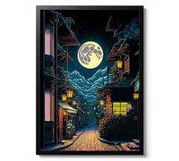 Neon Village Print, Pixel Art Poster, Neon Tokyo Wall Art, Manga Arcade Home Decor, Anime Gift Idea, Archival Matte, A2 (Framed) - 59.4x42cm