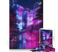 Neon Waterfall Cityscape 1000 Piece Jigsaw Puzzles for Adults Teenagers Brain Skill Group Joy Exact Edge Stylish Gift (38x26cm)
