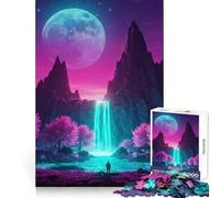 Neon Waterfall Landscape with Pink Trees Adult Jigsaw Puzzles 1000 Pieces Mind Challenge Toy Relax Time Quality Cut Cherished Gift (38x26cm)