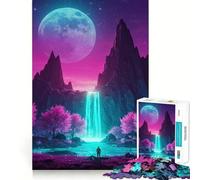 Neon Waterfall Landscape with Pink Trees Adult Jigsaw Puzzles 1000 Pieces Mind Challenge Toy Relax Time Quality Cut Cherished Gift (38x26cm)