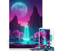 Neon Waterfall Landscape with Pink Trees Jigsaw Puzzles for Teenagers 1000 Pieces Logic Toy Casual Fun Precision Cut Heartfelt Gift (38x52cm)