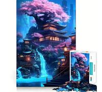 Neon Waterfall Temple 1000 Pieces Jigsaws Adults Puzzles Gifts Improve Memory Quiet Calm Sharp Edge Artistic Gift (50x75cm)