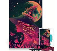 Neon Witch Under The Moon Jigsaw Puzzles 1000 Piece for Adults Smart Game Stress Free Pattern Assembly Warm Surprise (38x52cm)