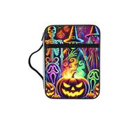 Neon-Witches-Skeletons-Halloween Bible Cover Case with Handle, Water-Resistant Oxford Fabric Bible Bag Organizer with Zipper Pockets for Church