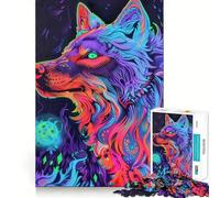 Neon Wolf Art Print 1000 Pieces Jigsaw Puzzles for Adults Brain Workout Toy Stress Free Art Assembly Festival Gift (38x26cm)
