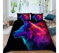 Neon Wolf Duvet Cover Set Twin Size for Kids Bedding Sets with 1 Pillowcase, Starry Sky Print Comforter Cover Teen Boys Girls Bedroom Decor Bed Cover 2 Pieces, 68" x 90" (Dz3571)