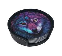 Neon wolf with purple head 6-piece coaster set with stand, for home décor, suitable for all kinds of cups and coffee mugs.
