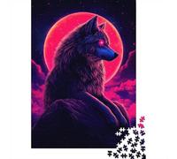 Neon Wolf with Red Moon Adult Jigsaw 1000 Pieces, Animal Theme Puzzle, Present for Wild Animal Lovers, 52x38cm/1000pcs