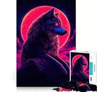 Neon Wolf with Red Moon Jigsaw Puzzles 1000 Pieces for Teenagers Recall Upgrade Calming Play Clear Cut Lovely Gift (38x26cm)